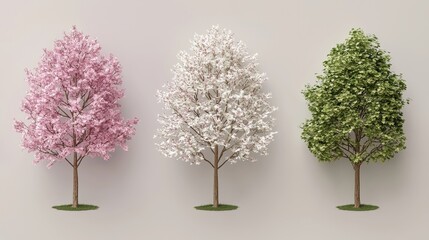 Obraz premium Three 3D Rendered Trees Pink White Green Spring Blossoms