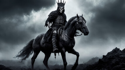 Black Scary Warrior on Black Horse, Horseman of Apocalypse