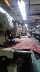 Industrial Sewing Machines in Action within a Textile Workshop Featuring Colorful Fabric on Assembly Line of Garments and Soft Textiles Craftsmanship