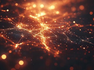 Fototapeta premium Abstract plexus network glowing in orange tones creating futuristic landscape