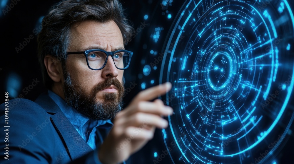 Poster man in formal attire engages with an advanced holographic interface, showcasing technologys potentia