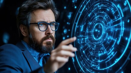 man in formal attire engages with an advanced holographic interface, showcasing technologys potential in a sleek office environment illuminated by ambient lighting