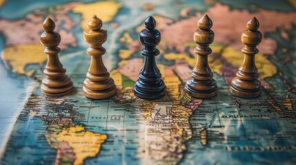 Chess pawns standing on vintage world map representing global strategy