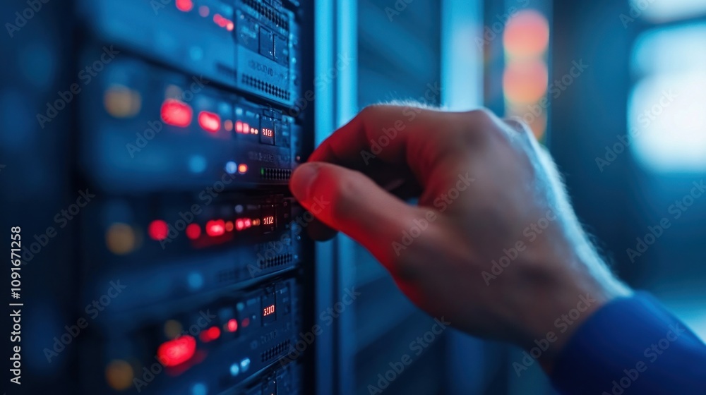 Aufkleber a technician is seen adjusting a server in a data center, illuminated by blue and red lights, showca