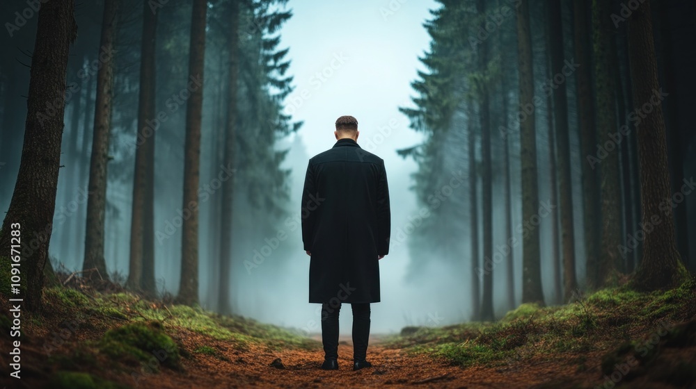 Poster man dressed in a long coat stands with his back to the camera in a tranquil forest. dense fog envelo