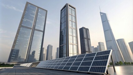 Obraz premium Futuristic skyscrapers incorporating active solar window systems.