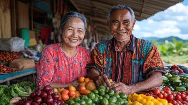 couple smiles brightly while selling an array of fresh fruits and vegetables at their market stall