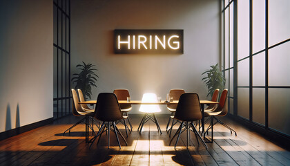 Fototapeta premium Now Hiring, Spotlight on hiring showcases chair illuminated in conference room for candidate selection