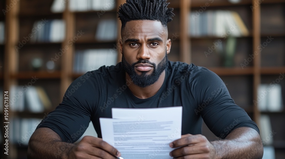 Poster man attentively reads over important documents while seated at a table in a brightly lit room with b