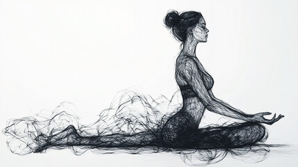 Fototapeta premium side view of black and white line drawing with a woman sitting and doing yoga meditation in lotus position 
