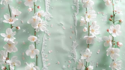A gentle baby girl birth announcement background featuring a soft mint green vertical canvas, embellished with shimmering white cherry blossoms and delicate silver glitter accents.
