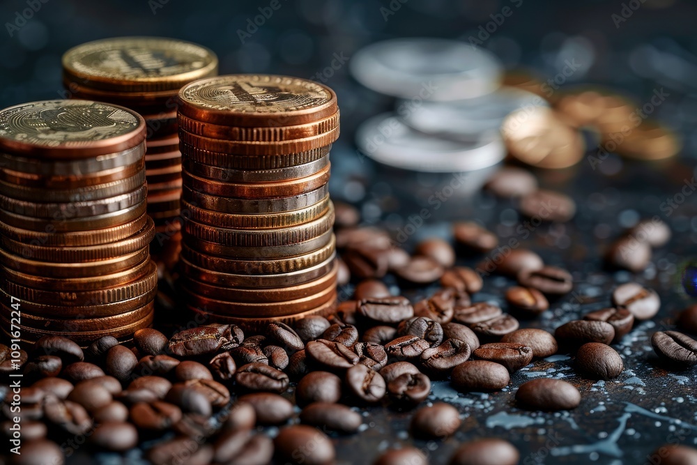 Poster stacks of various coins are surrounded by scattered coffee beans, creating a visually intriguing con