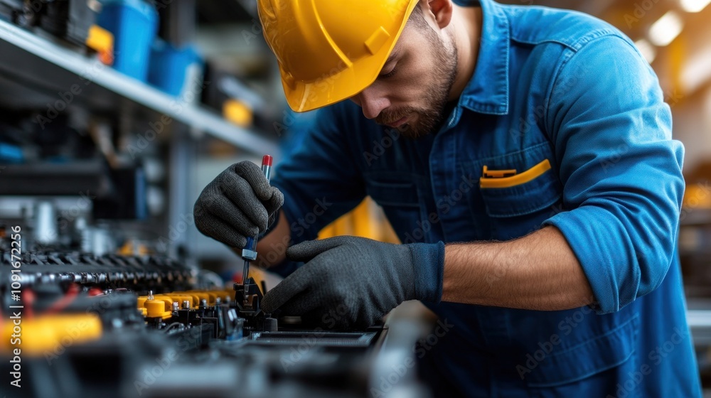 Poster a skilled technician focuses intently on fixing electrical components in a well-lit workshop, while 