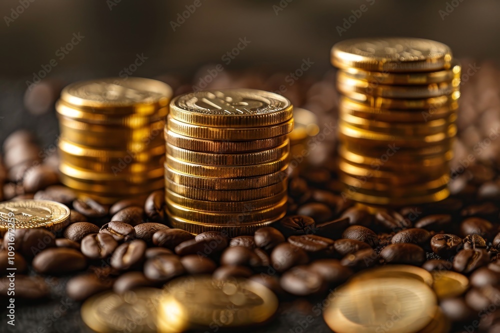 Poster shiny gold coins are stacked neatly among scattered coffee beans, creating an intriguing visual that