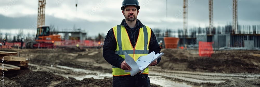 Poster engineer stands confidently on construction site holding blueprints, surrounded by cranes and constr