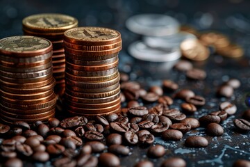 Stacks of various coins are surrounded by scattered coffee beans, creating a visually intriguing contrast on a textured dark surface that emphasizes wealth and coffee culture.