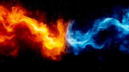 An abstract fire and ice concept blending vibrant red and blue hues with sharp contrasts and high detail in a cinematic art style.