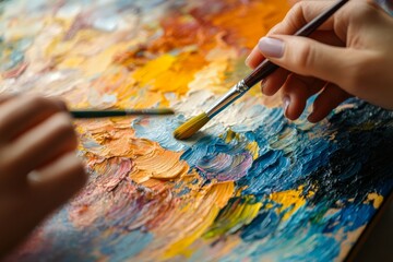Obraz premium Creative exploration with vibrant colors on a canvas, showcasing the beauty of artistic expression in a painter\'s hands during a serene afternoon