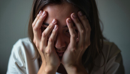 Fototapeta premium Stressed young woman covering her face with hands in a dimly lit room 