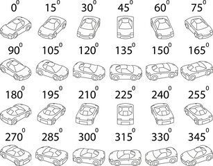 A set of 24 luxury cars from different angles. Rotation of the sport car in outline by 15 degrees for animation.  
