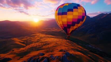 Obraz premium A stunning hot air balloon floats majestically over rolling hills during a colorful sunset, showcasing the beauty of nature and adventure combined in one captivating scene.