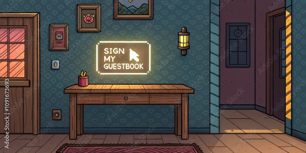 Poster an 8bit style interior room featuring a wooden table with a sign my guestbook button glowing softly.