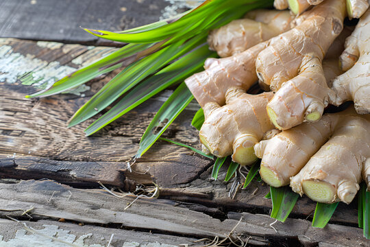 Fresh Ginger Roots with Green Leaves on Rustic Wooden Background Copy Space. Natural and Organic Concept for Food Blogs, Recipes, Health Websites, E-commerce, Packaging, Ads, Cookbooks, Social Media