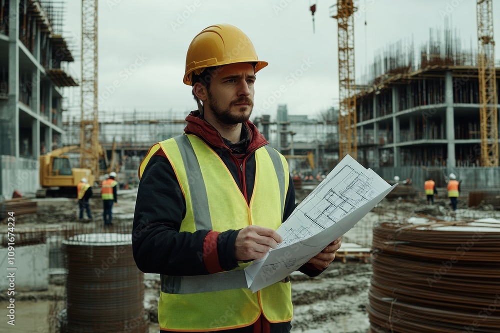 Poster an engineer stands at a busy construction site holding detailed blueprints while overseeing ongoing 
