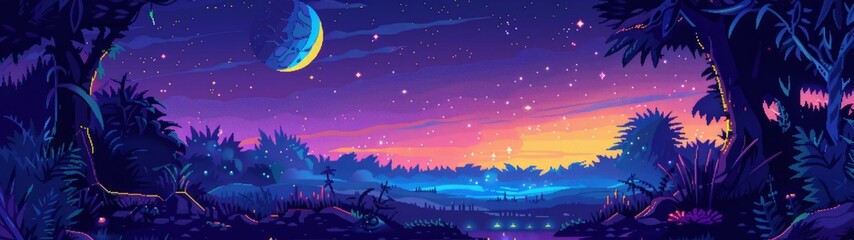 Naklejka premium Scenic forest landscape with glowing plants, crescent moon, and starry night sky at dusk. Vibrant pixel art design for digital and gaming projects. Generative AI