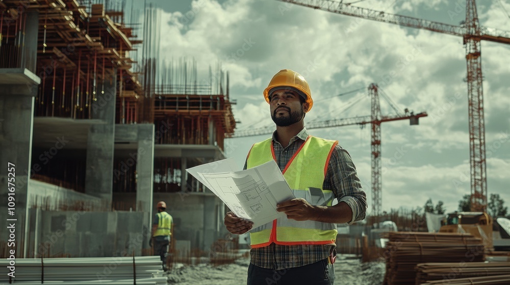 Aufkleber An engineer stands on a construction site, holding blueprints and assessing the ongoing work as cranes tower in the background. Generative AI