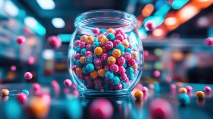 A vibrant display of gumballs in a clear jar, bursting with colors that evoke feelings of joy and nostalgia, representing the playful essence of childhood and delightful treats.