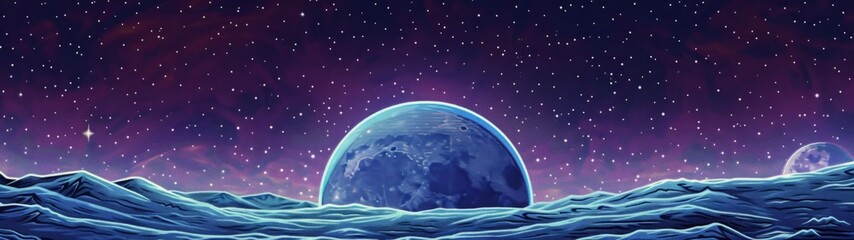 Naklejka premium Blue alien moon rising above icy mountainous terrain with a starry night sky. Futuristic cosmic digital artwork. Generative AI