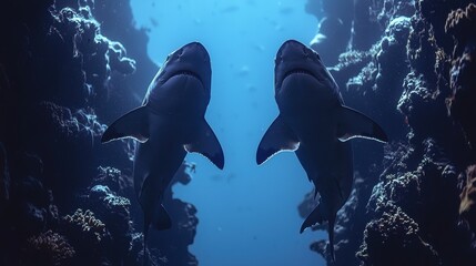 Fototapeta premium Majestic Sharks Swimming Coral Reef Ocean Wildlife Underwater