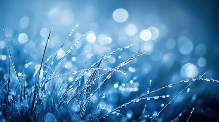 Dew-covered grass blades at dawn, bokeh background.