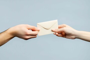 Hand passing letter on plain blue background