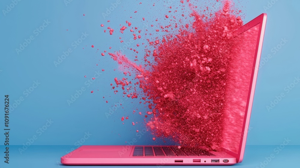 Poster pink laptop exploding with red particles digital data burst technology concept
