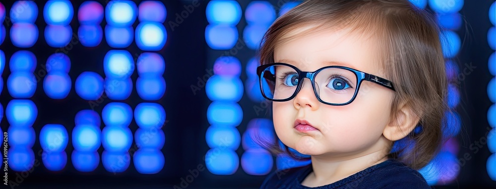 Poster toddler explores the world of finance with curiosity in a vibrant setting filled with colorful stock
