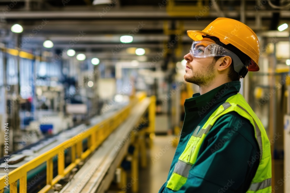 Aufkleber an engineer wearing a hard hat and safety glasses stands in a factory, watching the machinery operat