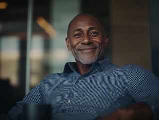 Obraz premium Mature Businessman Smiling Warmly in Modern Office Setting 