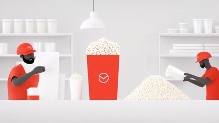 Obraz premium An illustration of workers in a small popcorn business, packaging fresh popcorn into branded bags for sale