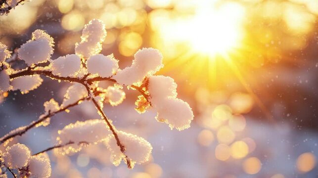 Falling snow. A snow-covered branch against the backdrop of bokeh lights. Looping video.