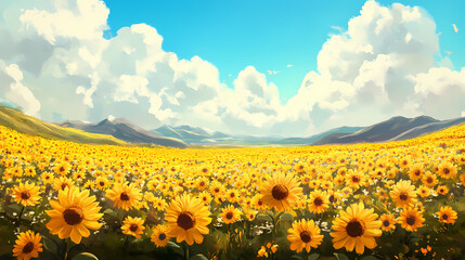 Fototapeta premium Vibrant yellow sunflowers stretch towards the horizon, creating a stunningly picturesque view of an endless golden sea of flowers. Endless Golden Fields. Illustration