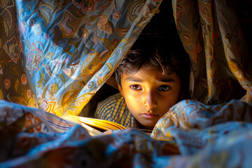A little Indian boy guards his privacy, hiding beneath the covers with a flashlight and a good book, lost in worlds of adventure and imagination