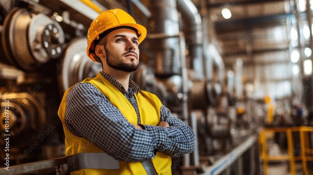 Poster an engineer wearing a hard hat and reflective vest evaluates the production process in a bustling in
