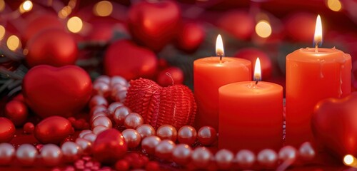 Coral to red gradient, red pearls, coral hearts, red candles, and romantic lighting