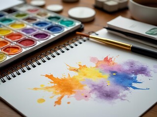Fototapeta premium Artist table with water color palette, paint brush, drawing paper