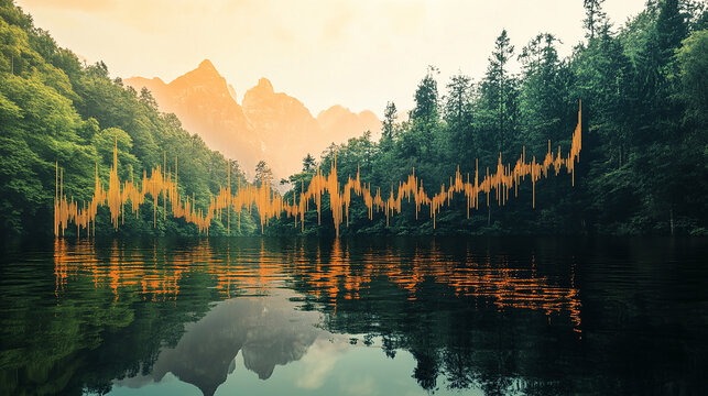 Image of multiple graphs over stream in forest against clear sky. Digital composite, multiple exposure, report, finance, business, database, forest, river and nature concept.