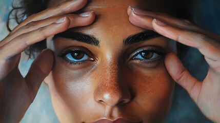 Obraz premium Close up portrait of a woman gently touching her face