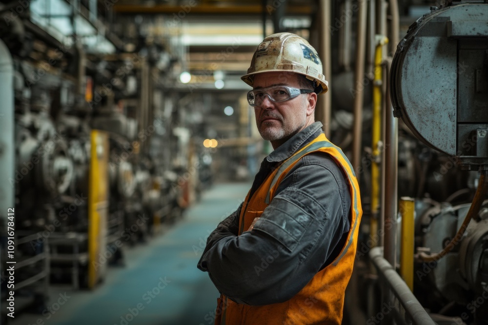 Aufkleber the engineer poses with arms crossed in an industrial factory filled with machinery, showcasing a fo