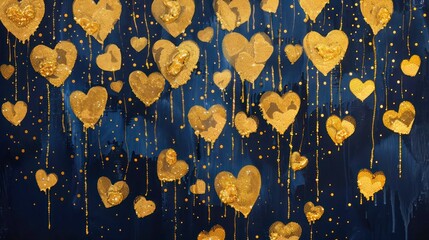 Deep navy blue canvas featuring golden hearts in a waterfall effect, subtle gold glitter for a luxurious Women's Day event